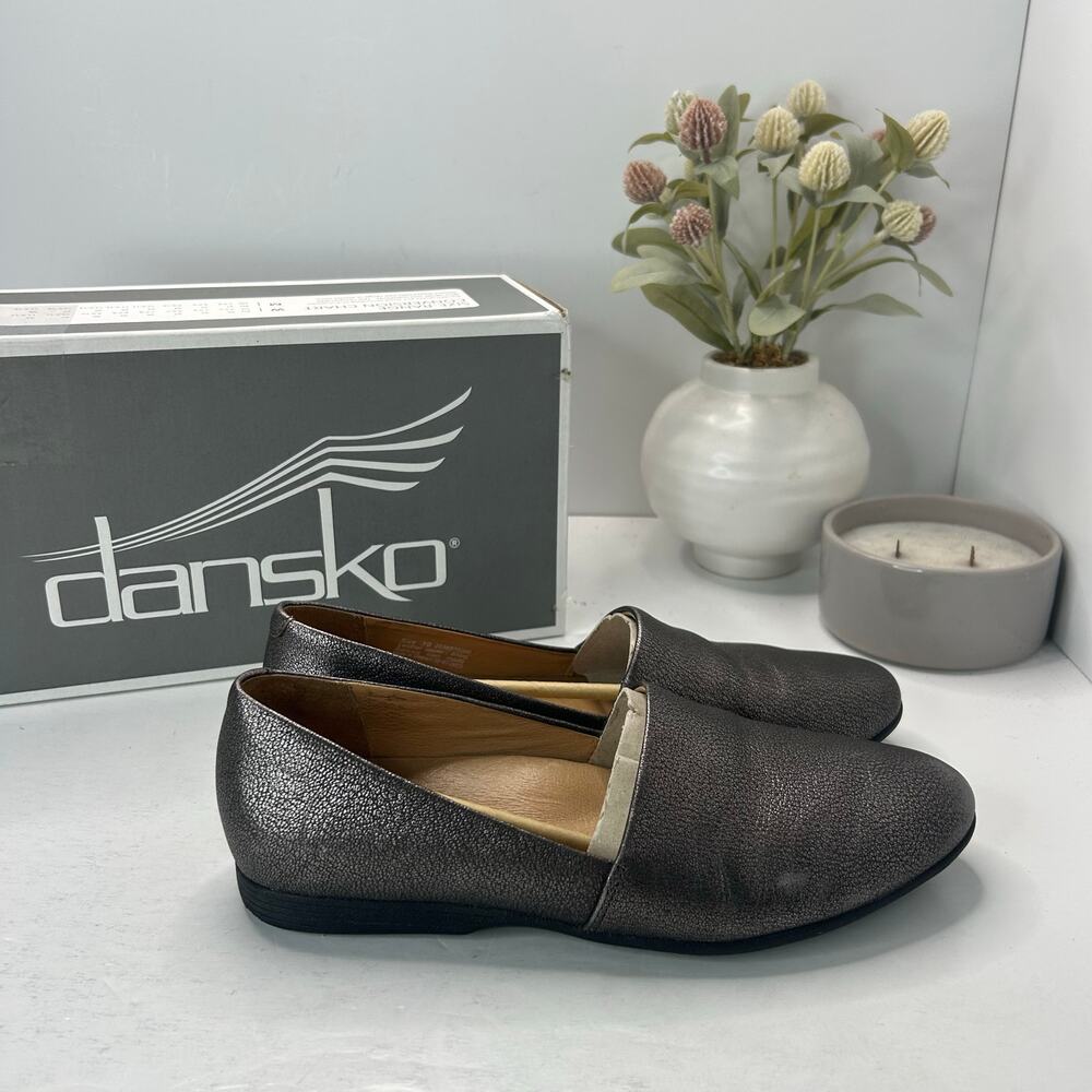 Dansko Larisa Metallic Leather Slip On Flats Pewter Women 39/8.5